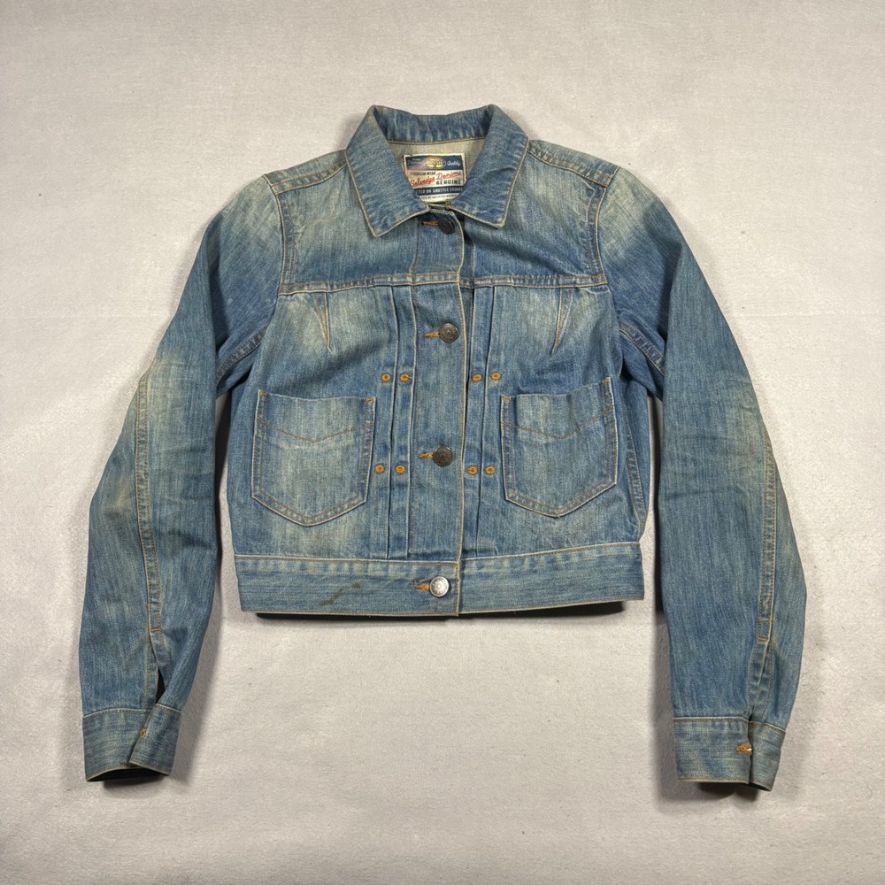 Fossil Selvedge Denim Jacket Womens XS Blue Cropped Trucker Made in USA 70149